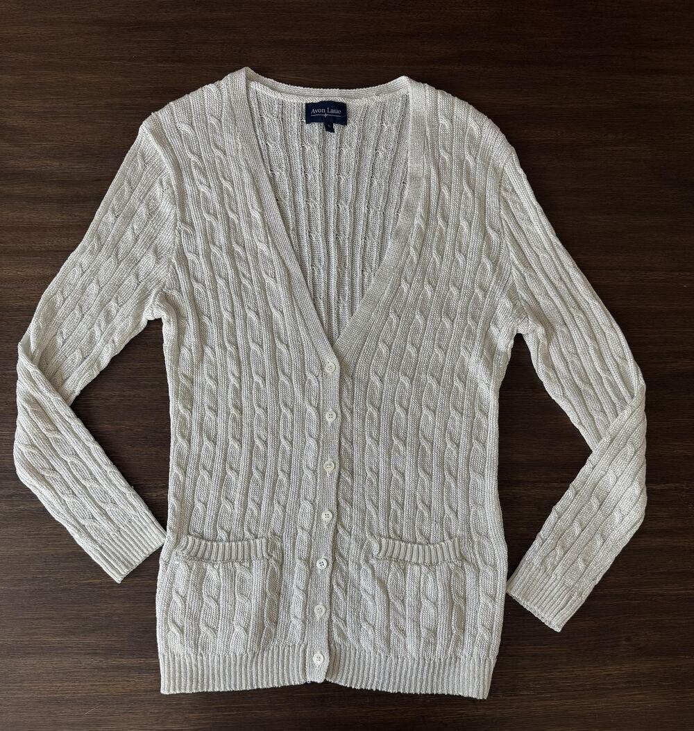 Tuckernuck Sweater Cable Knit Cardigan Womens Small Silver Lurex Avon Lane